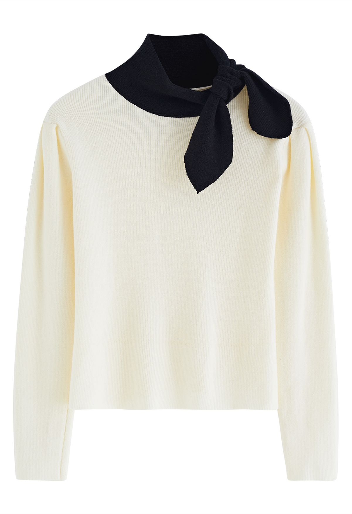 Contrast Tie-Knot Neck Knit Top in Cream