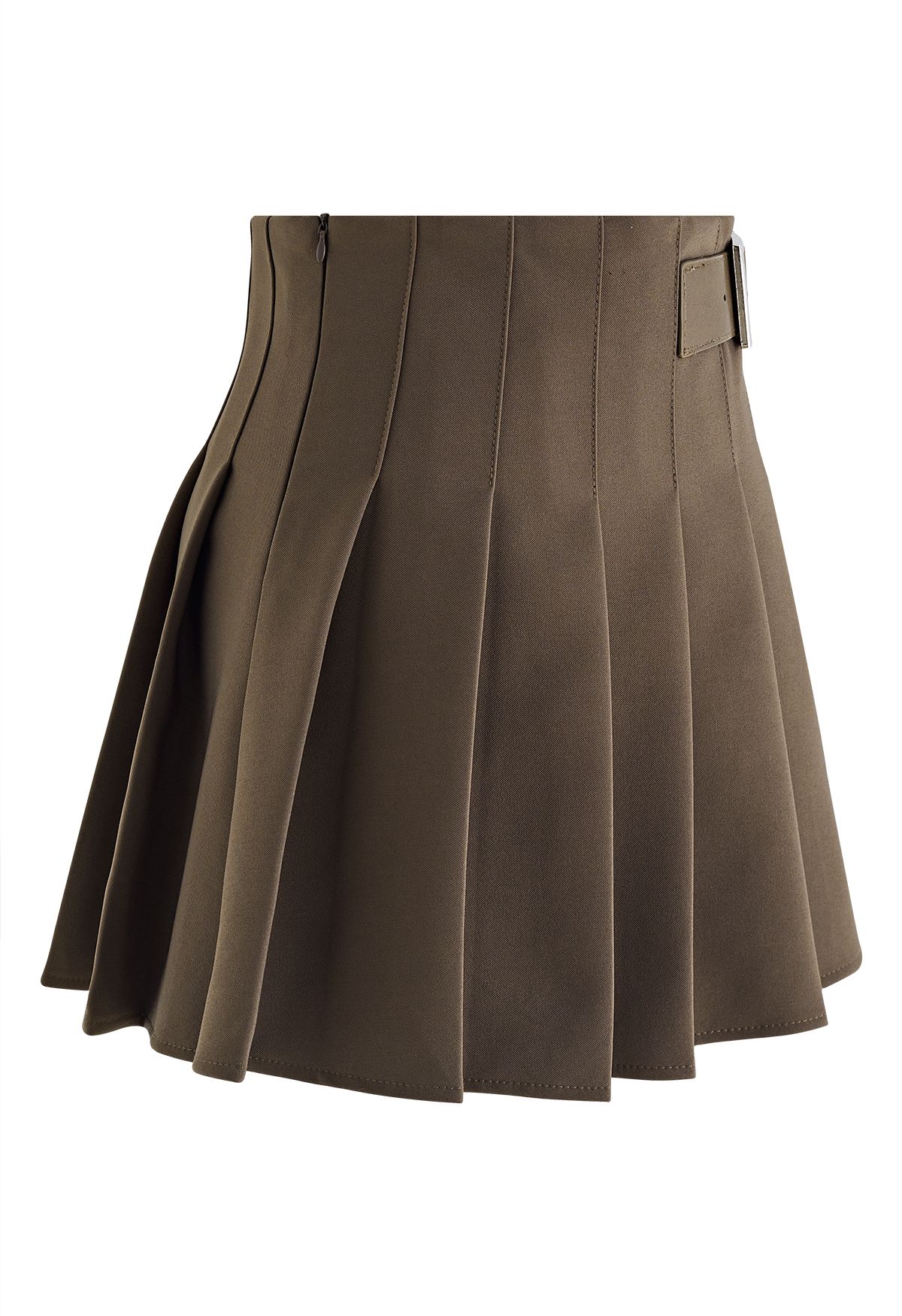 Belted Pleated Flare Mini Skirt in Khaki