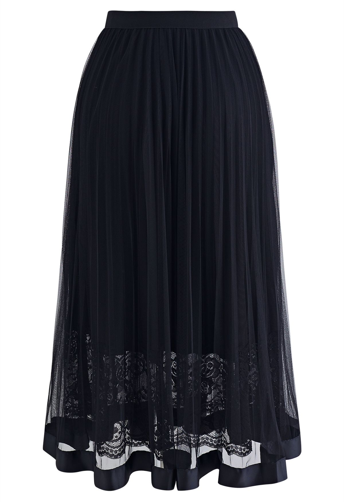 Lace Hem Double-Layered Mesh Midi Skirt in Black