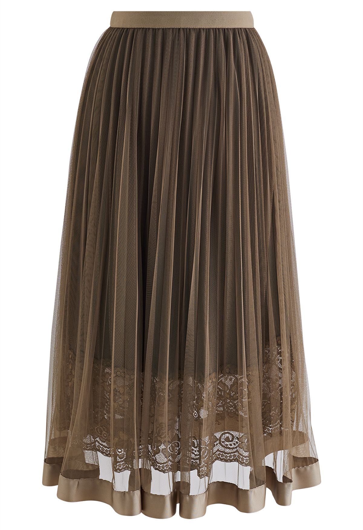 Lace Hem Double-Layered Mesh Midi Skirt in Brown - Retro, Indie and ...