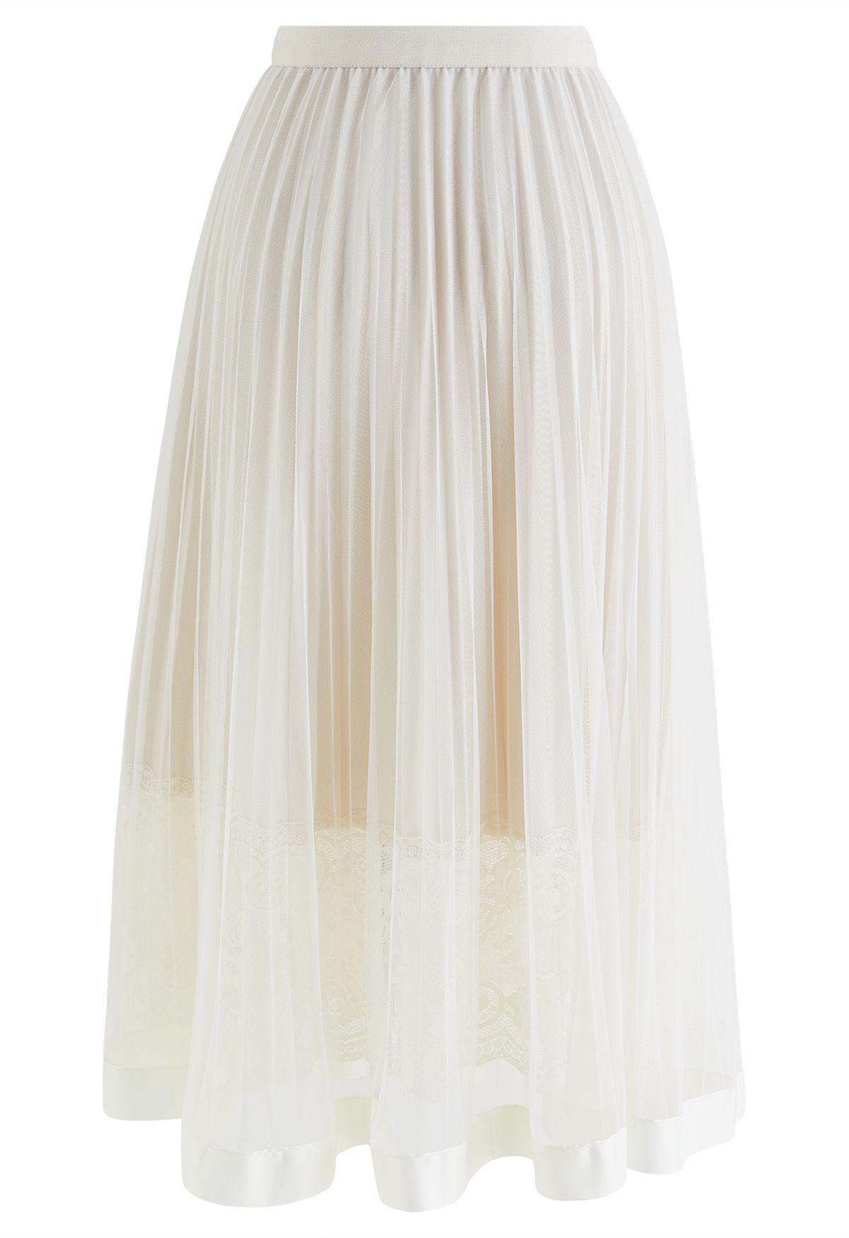 Lace Hem Double-Layered Mesh Midi Skirt in Cream - Retro, Indie and ...
