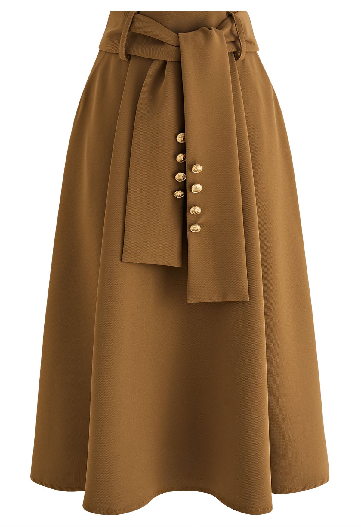 Buttoned Belted Flare Midi Skirt in Tan - Retro, Indie and Unique Fashion
