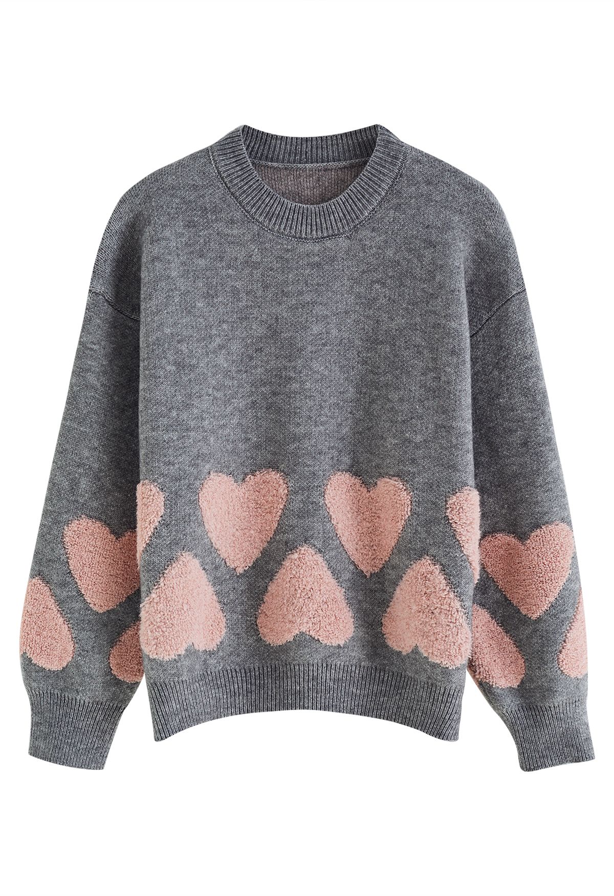 Tender Fuzzy Heart Jacquard Knit Sweater in Grey - Retro, Indie