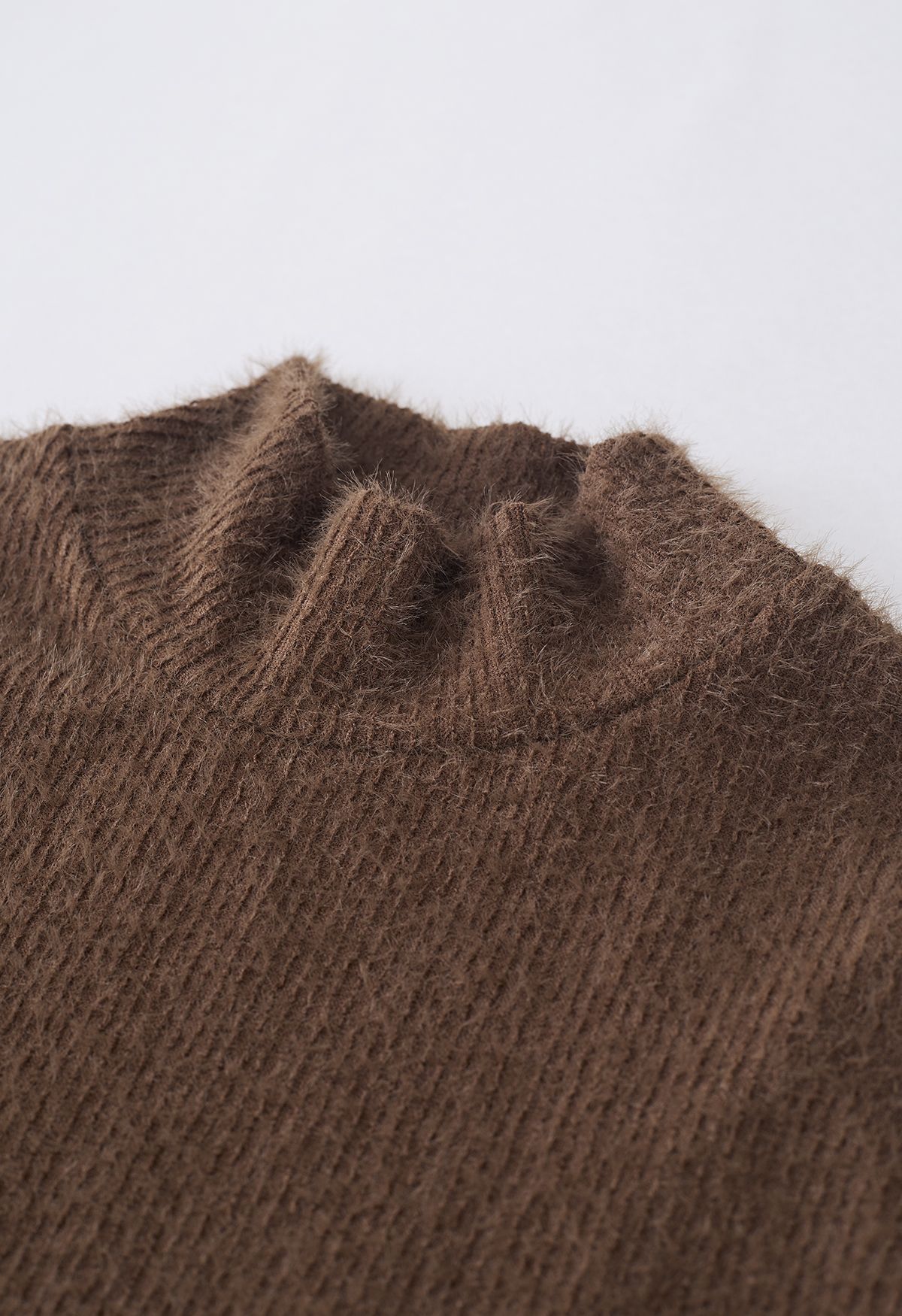 Fuzzy Mock Neck Knit Top in Brown