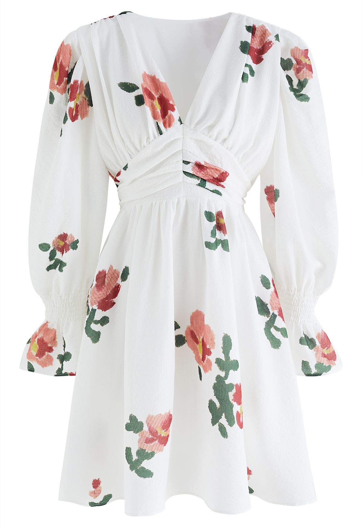 Cute Floral Print V-Neck Texture Dress