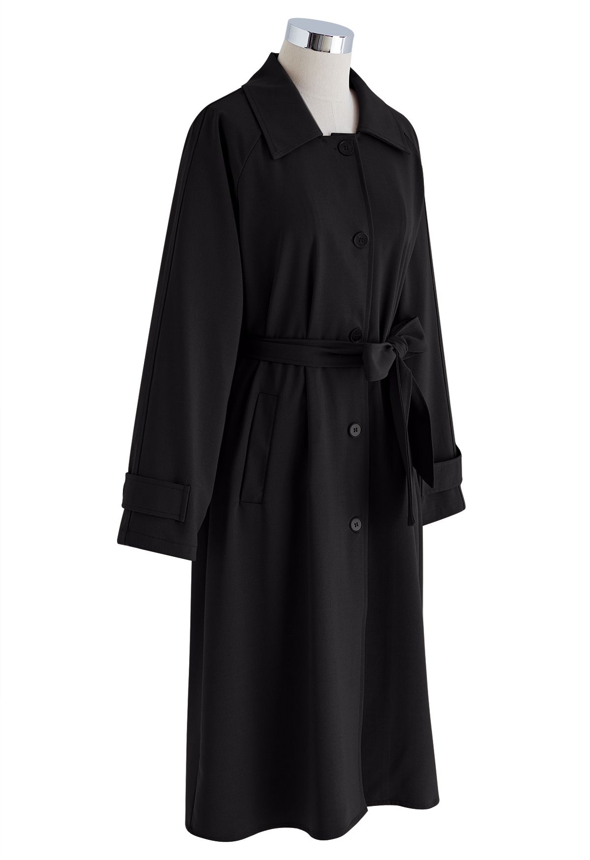 Single-Breasted Belted Trench Coat in Black