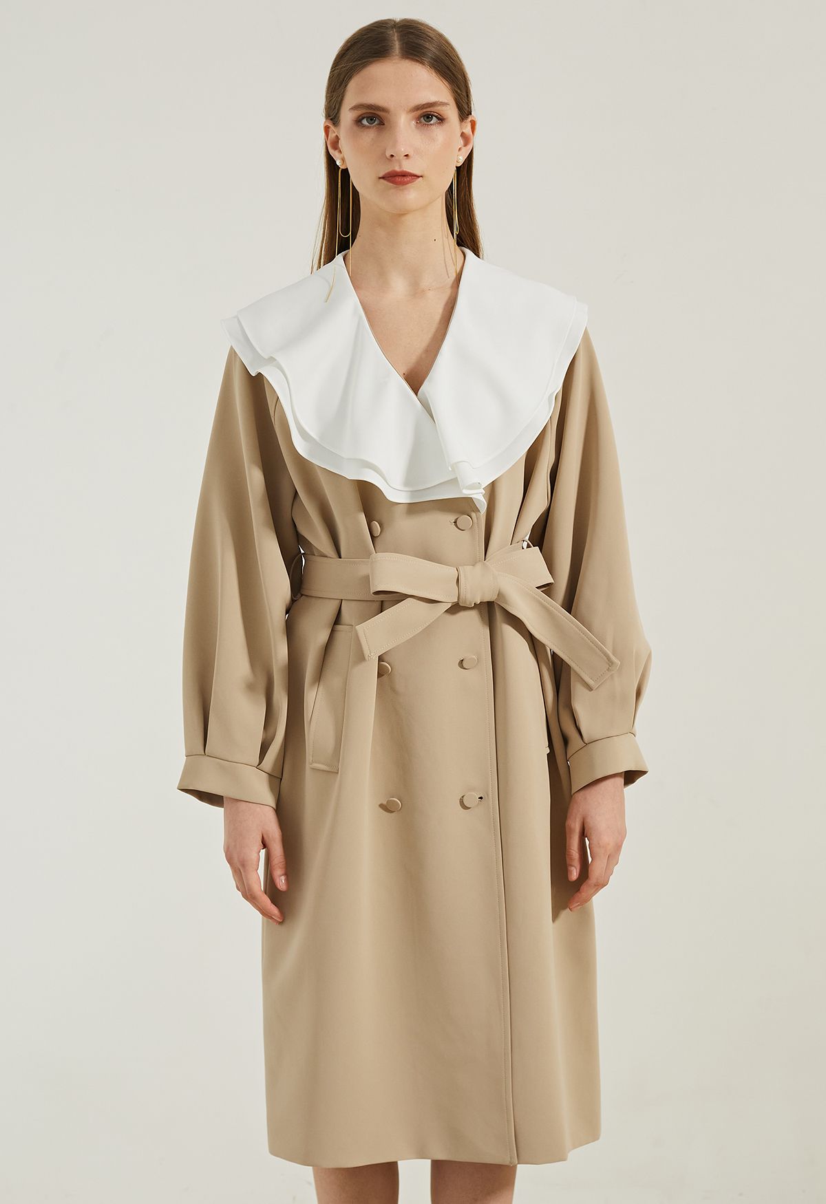 Ruffle Neck Double-Breasted Trench Dress in Light Tan