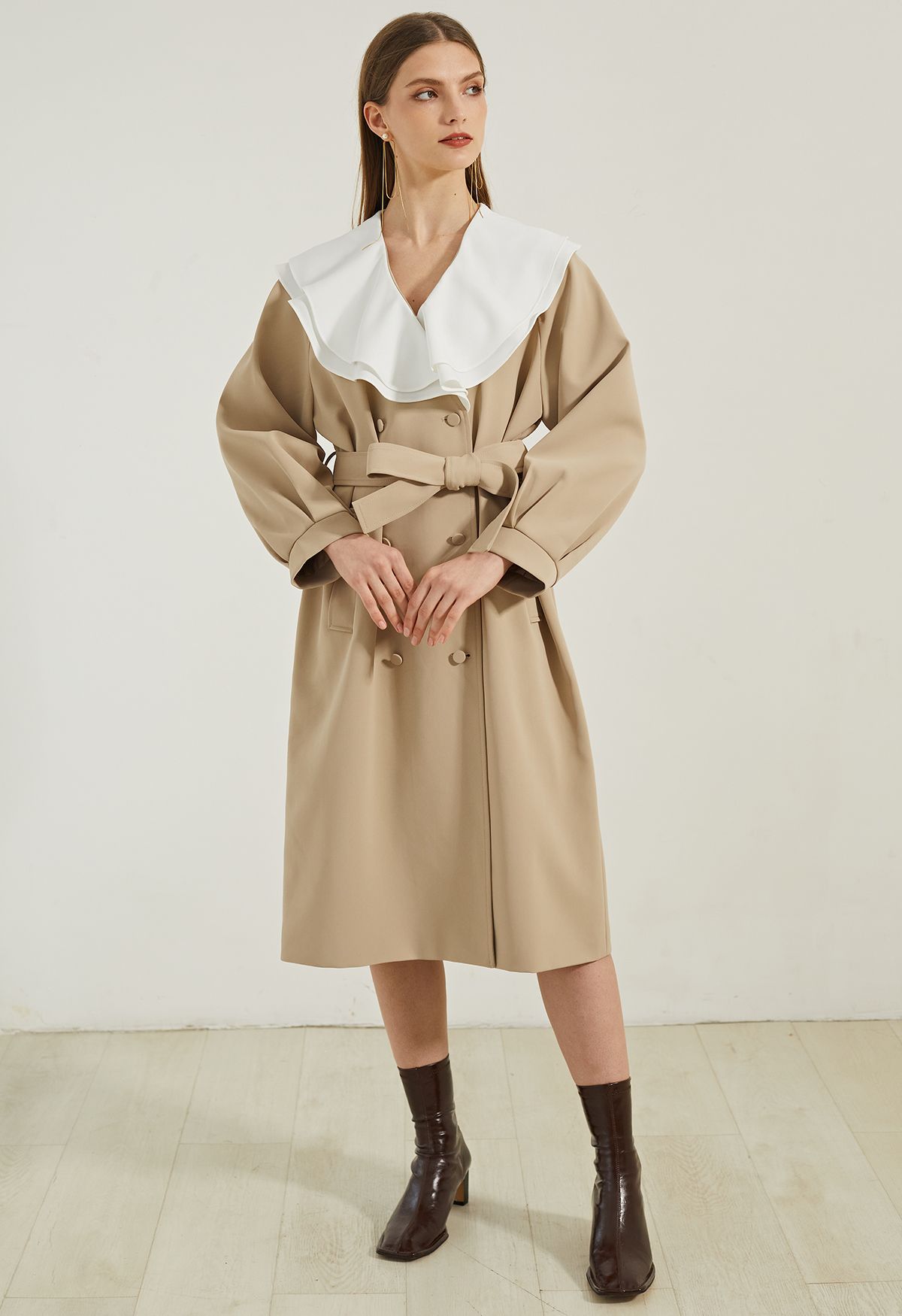 Ruffle Neck Double-Breasted Trench Dress in Light Tan