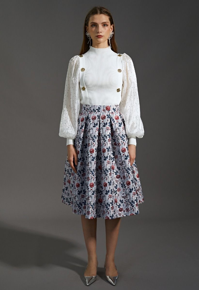 Lost in Rose Bush Jacquard Pleated Midi Skirt in Ivory