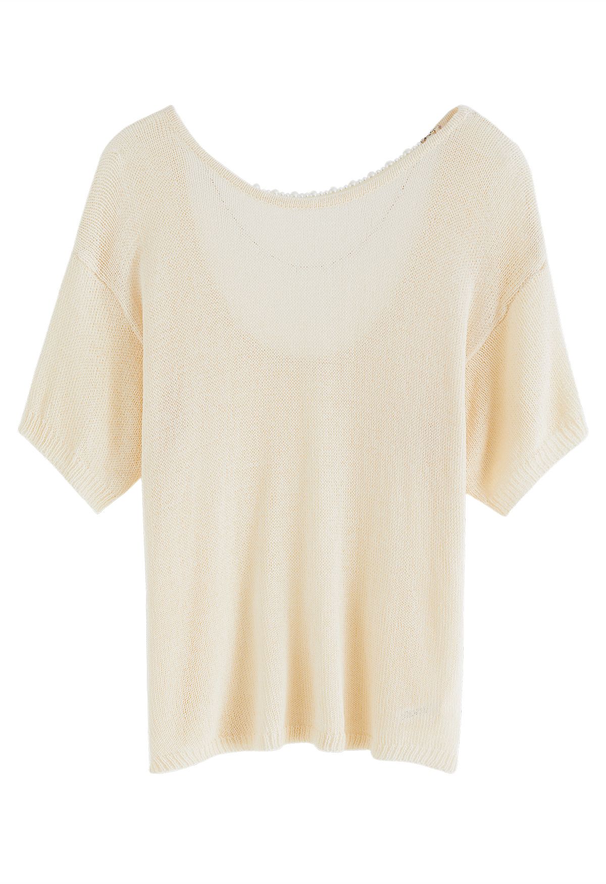 Pearl Necklace Short Sleeve Knit Top in Cream