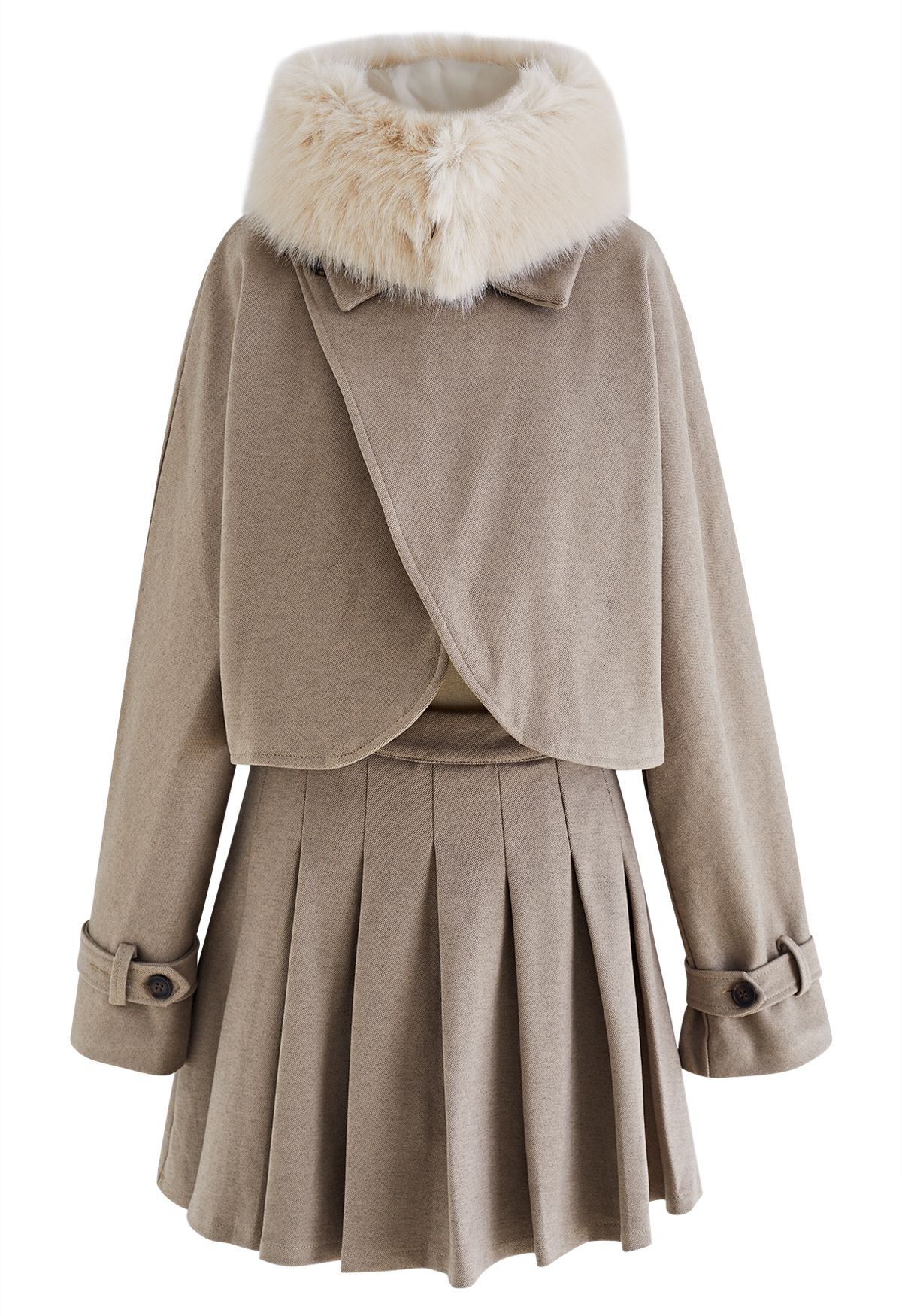 Faux Fur Collar Crop Jacket and Pleated Skirt Set