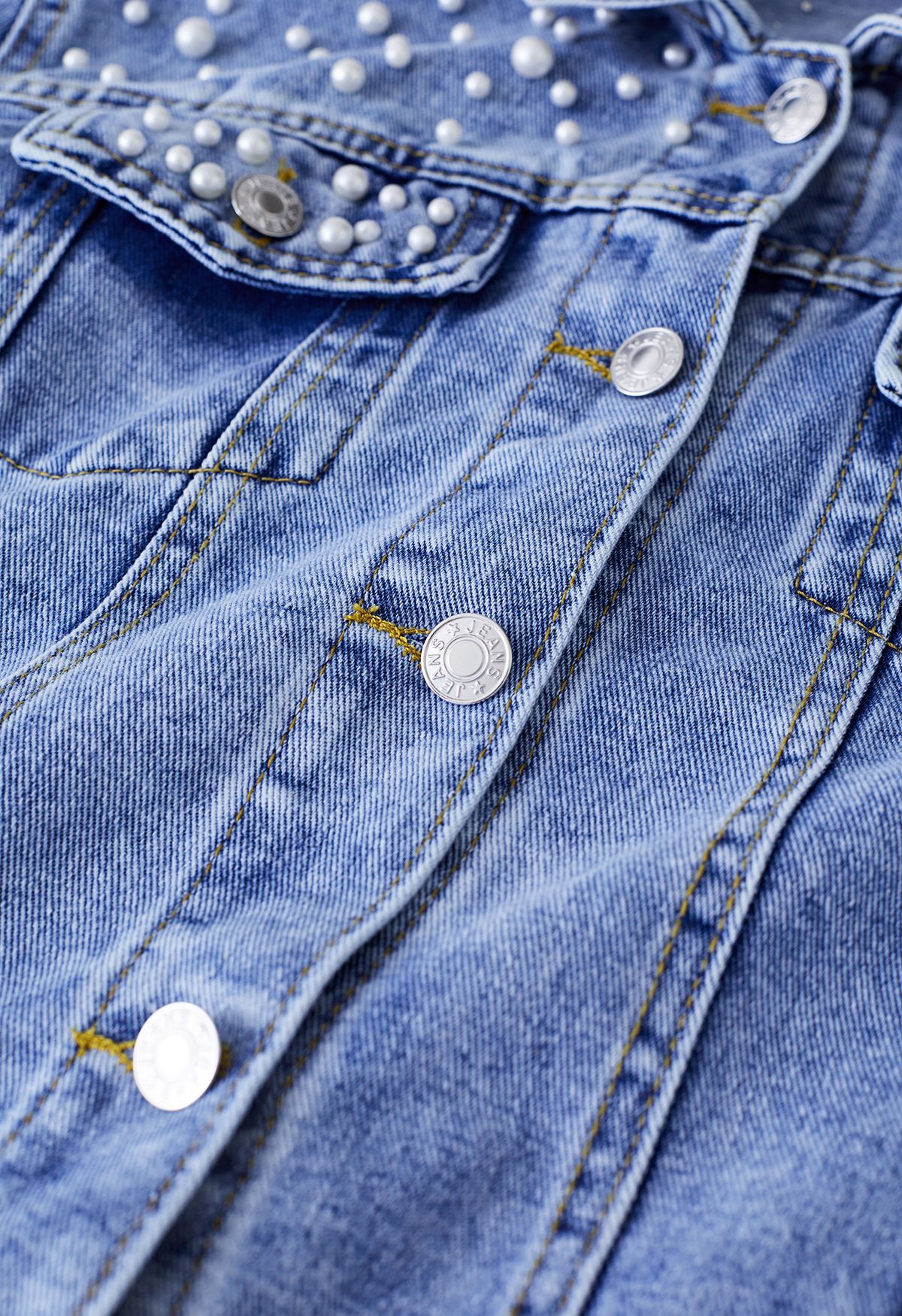Pearl Embellished Flap Pocket Denim Jacket in Blue - Retro, Indie and ...