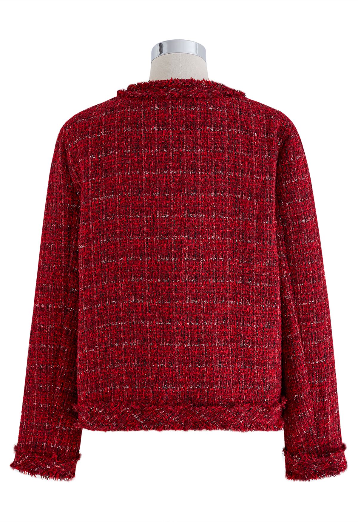 Nobby Collarless Grid Tweed Jacket in Red