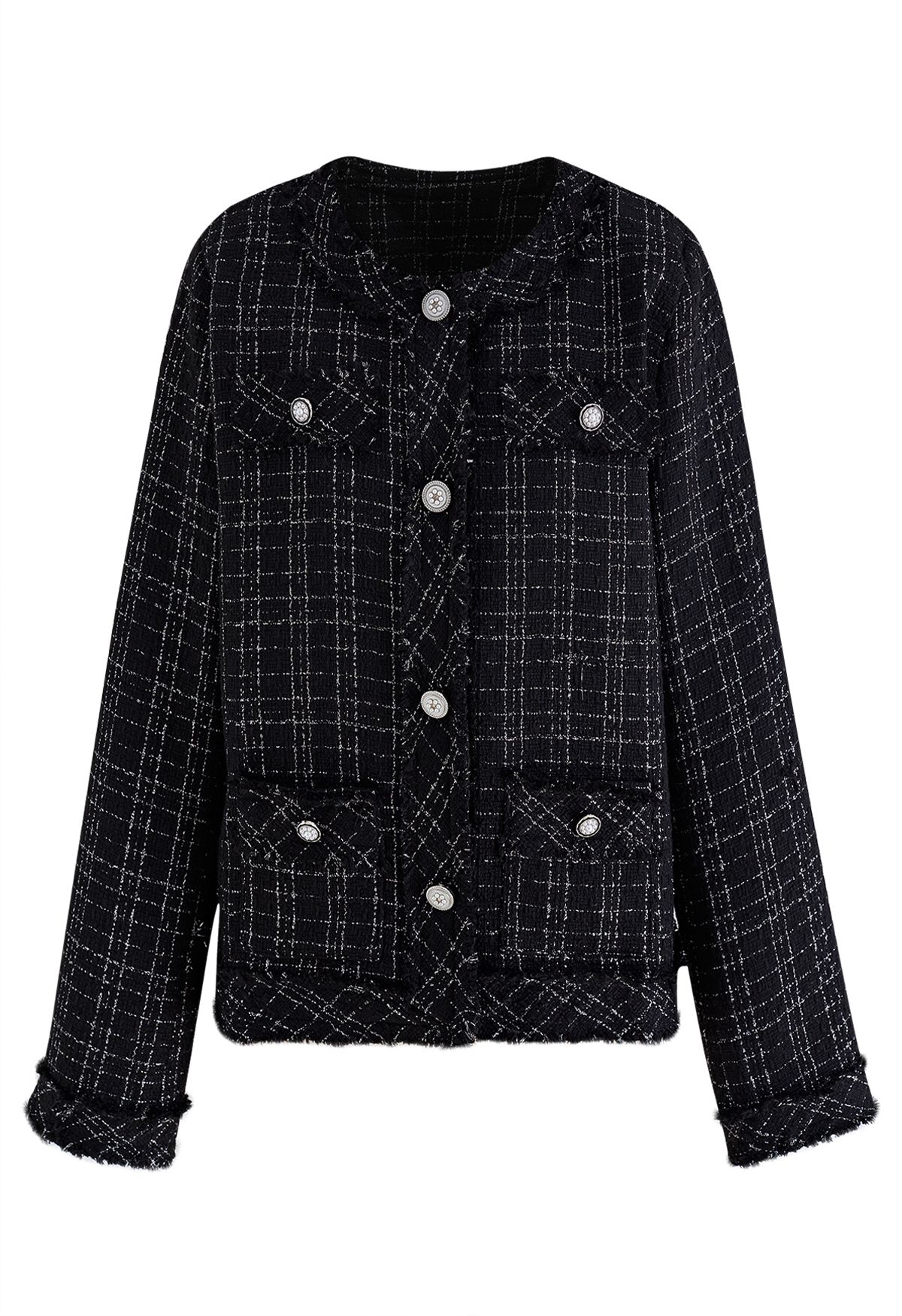 Nobby Collarless Grid Tweed Jacket in Black - Retro, Indie and Unique ...