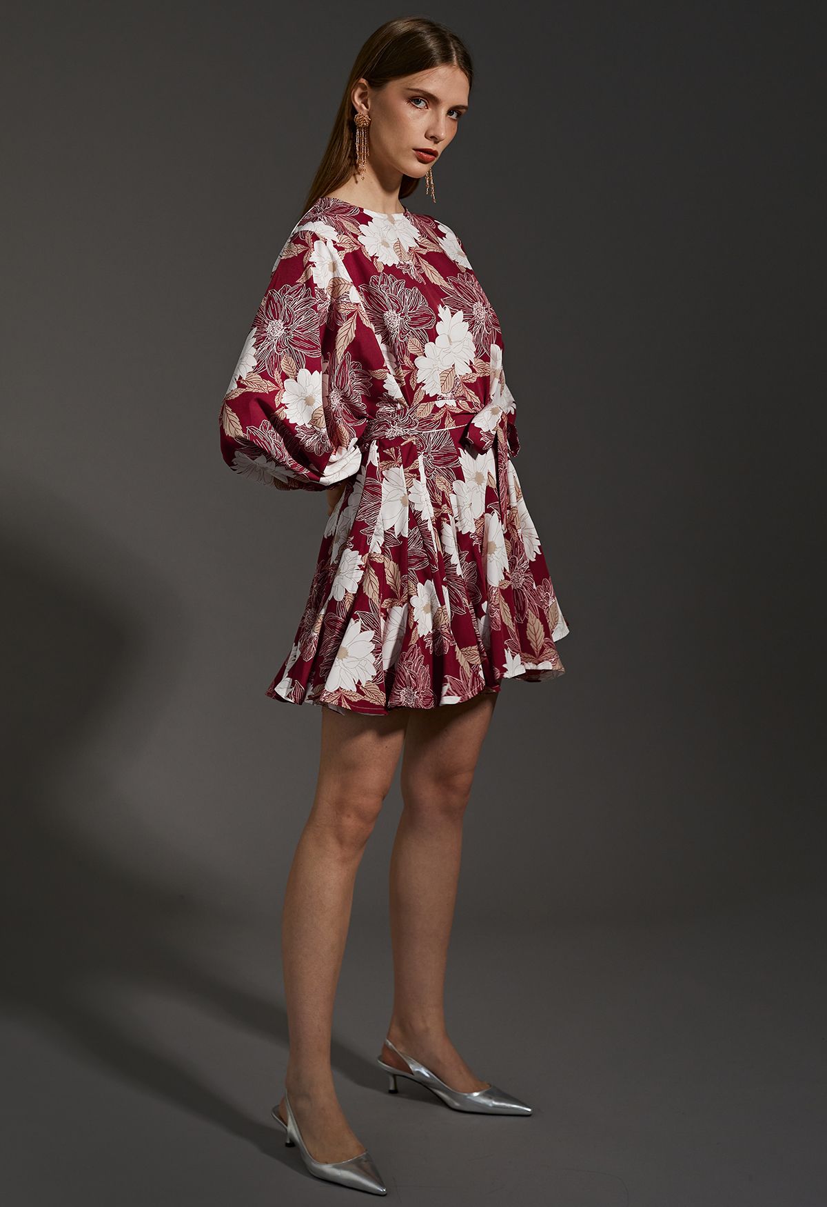 Marguerite Print Bubble Sleeves Frilling Dress in Red
