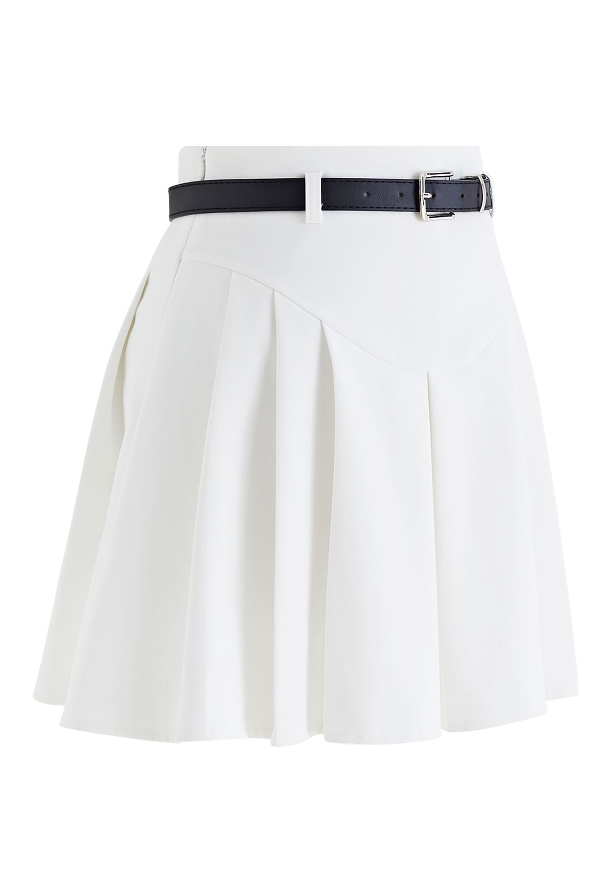 Seam Detailing Belted Pleated Mini Skirt in White