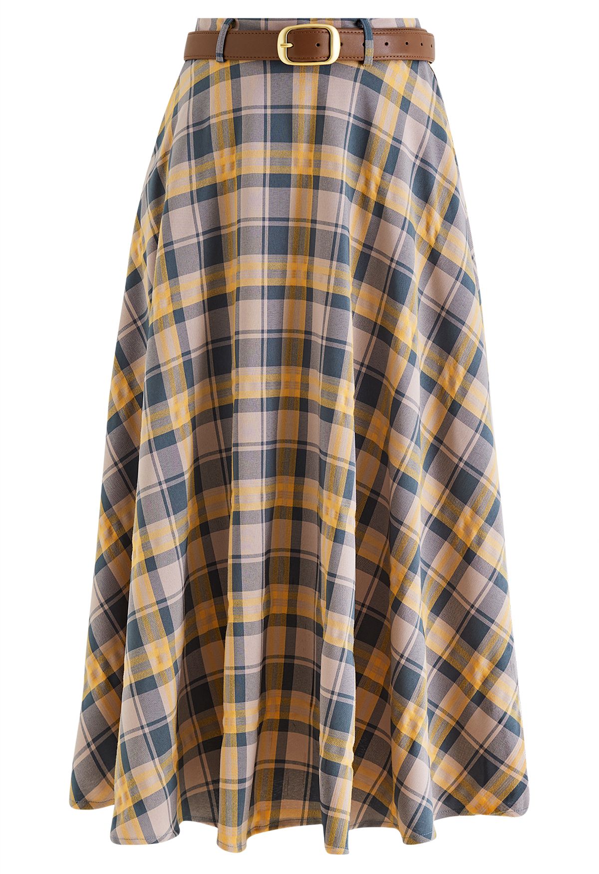 Vintage Belted Plaid Midi Skirt in Mustard - Retro, Indie and Unique ...
