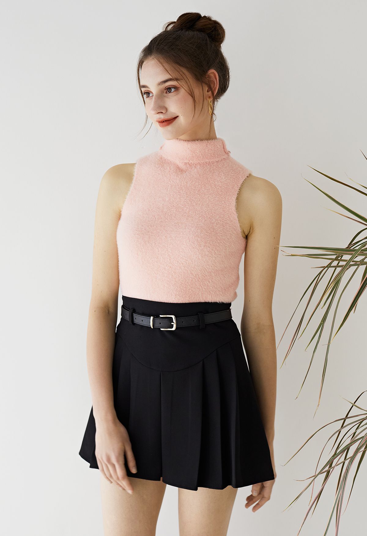 High Neck Fuzzy Knit Tank Top in Pink - Retro, Indie and Unique Fashion