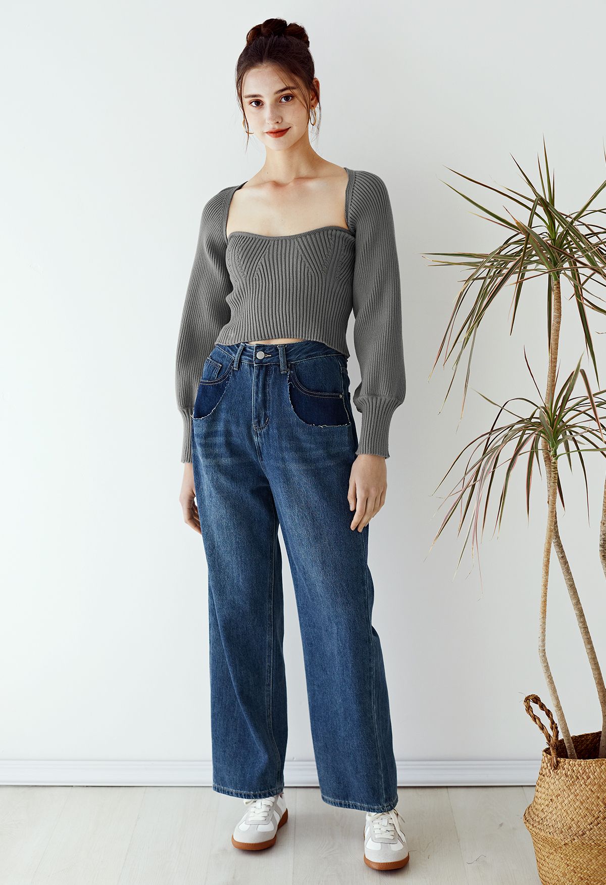 Fake Double-Layer Pocket Wide Leg Jeans