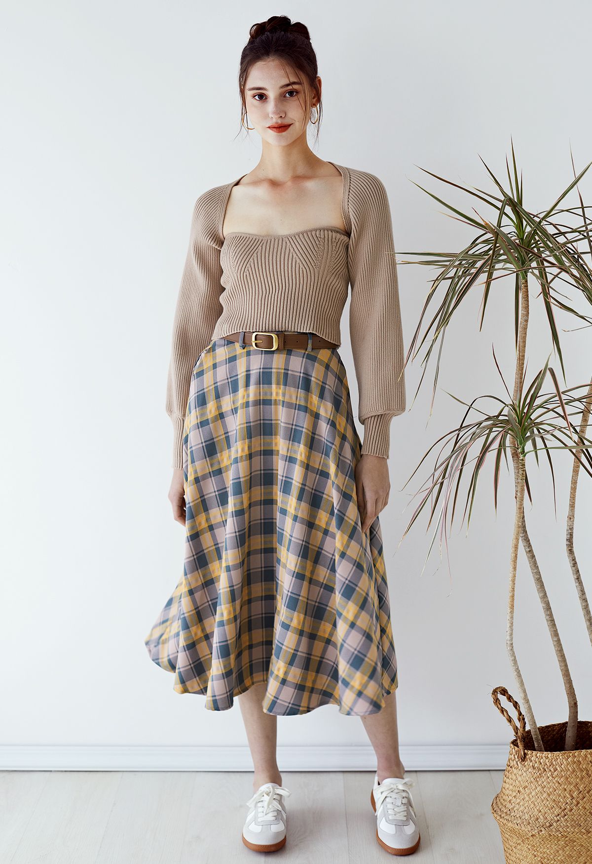 Vintage Belted Plaid Midi Skirt in Mustard - Retro, Indie and Unique Fashion