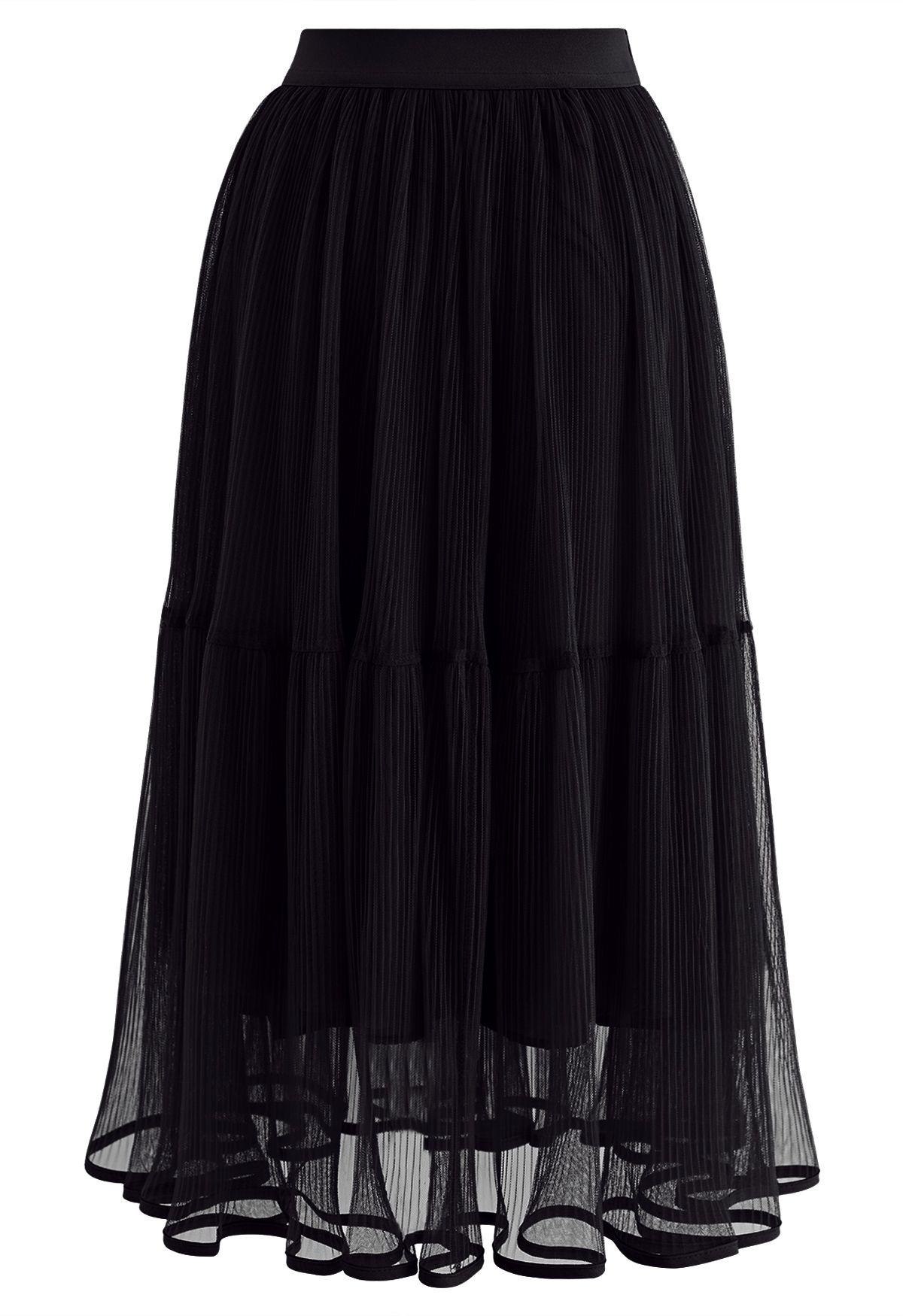 Fairy Plisse Mesh Tulle Midi Skirt in Black