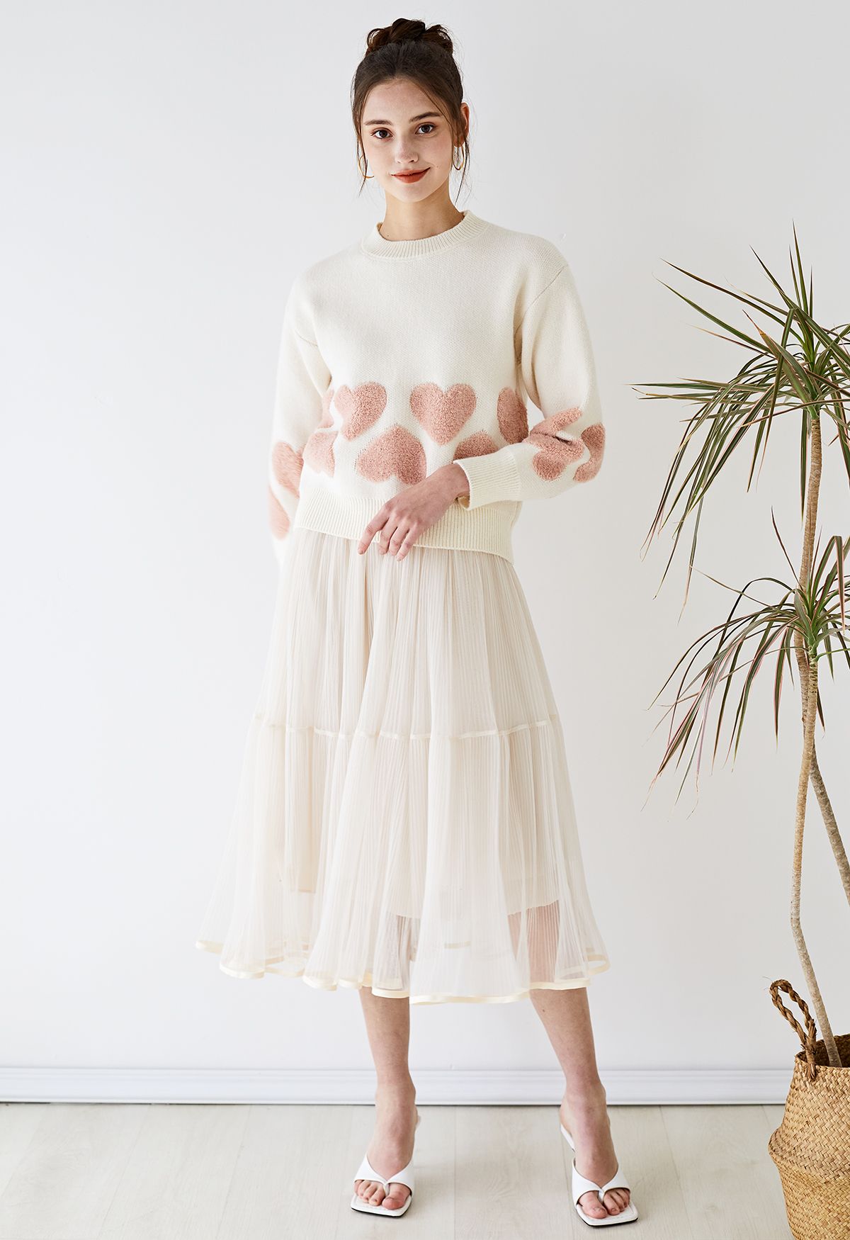 Fairy Plisse Mesh Tulle Midi Skirt in Cream
