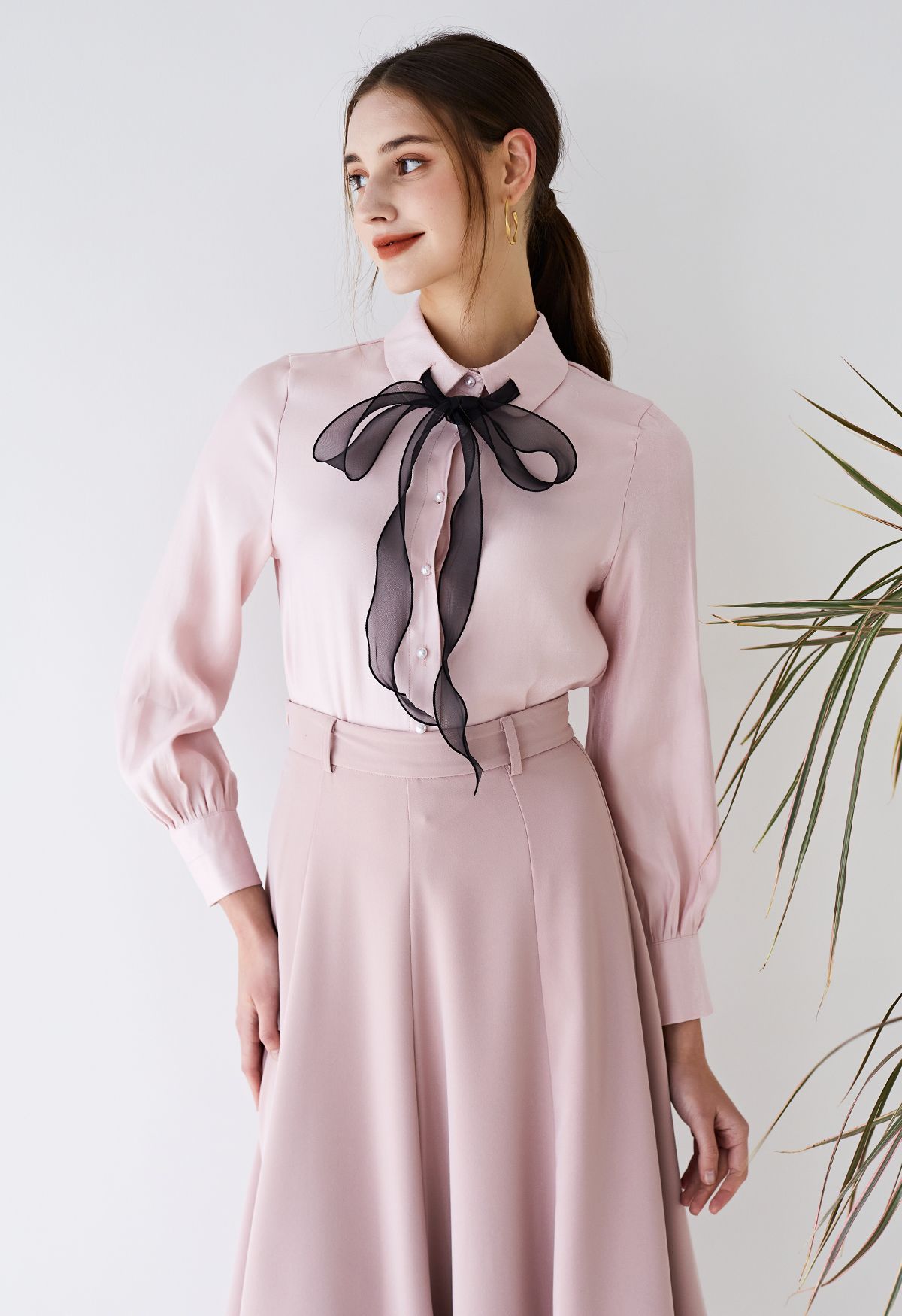 Organza Bowknot Button Down Shirt in Pink