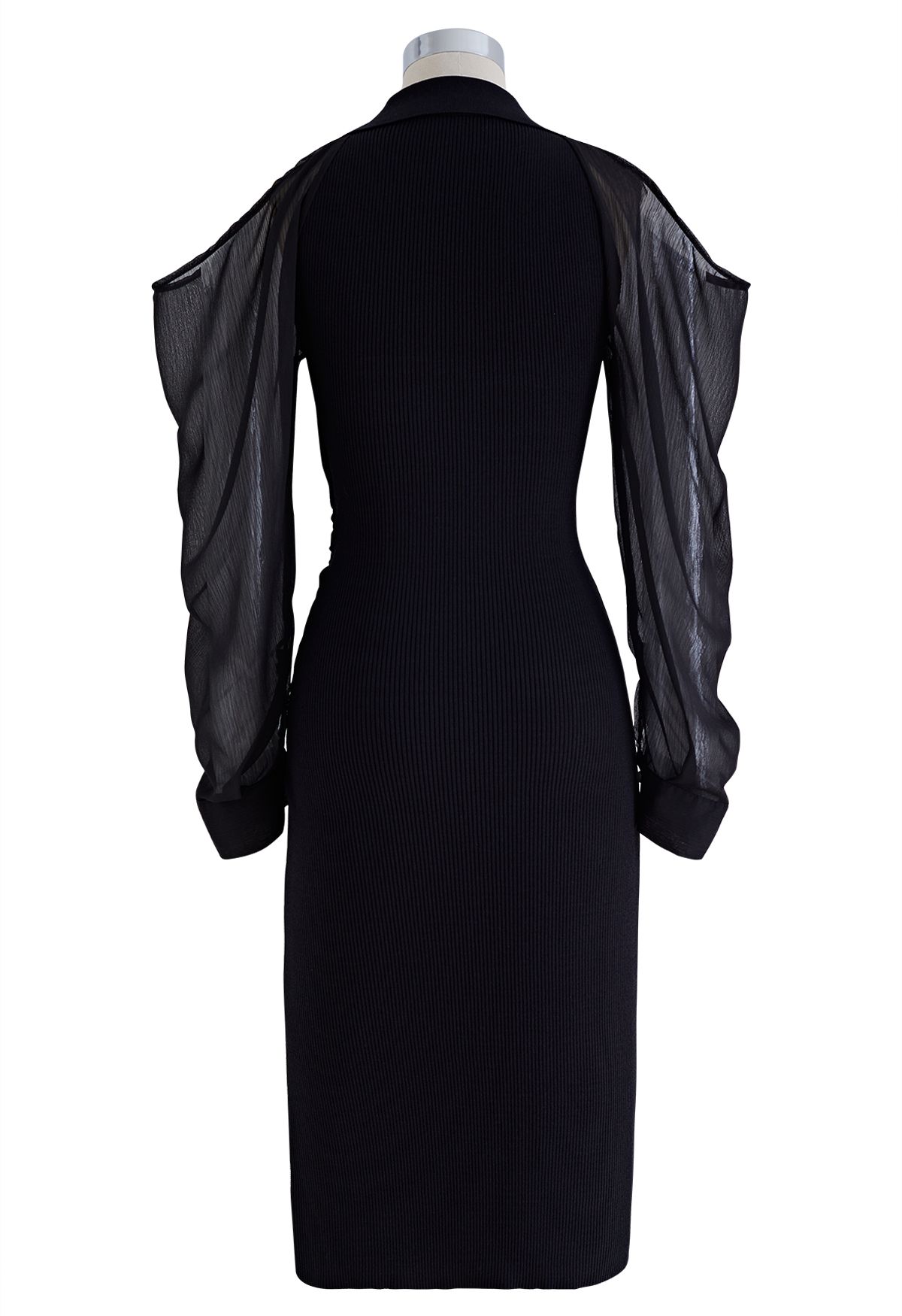 Sheer Sleeve Cold-Shoulder Bodycon Knit Dress in Black