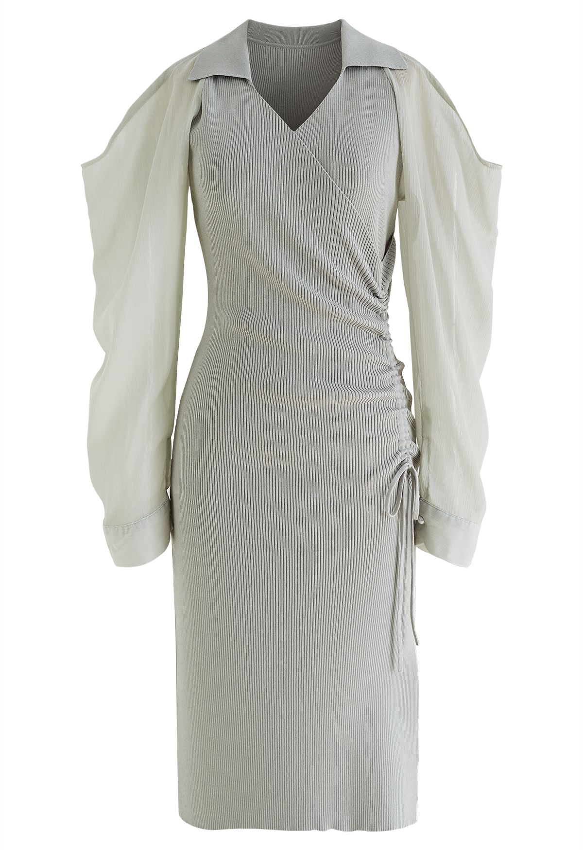 Sheer Sleeve Cold-Shoulder Bodycon Knit Dress in Sage