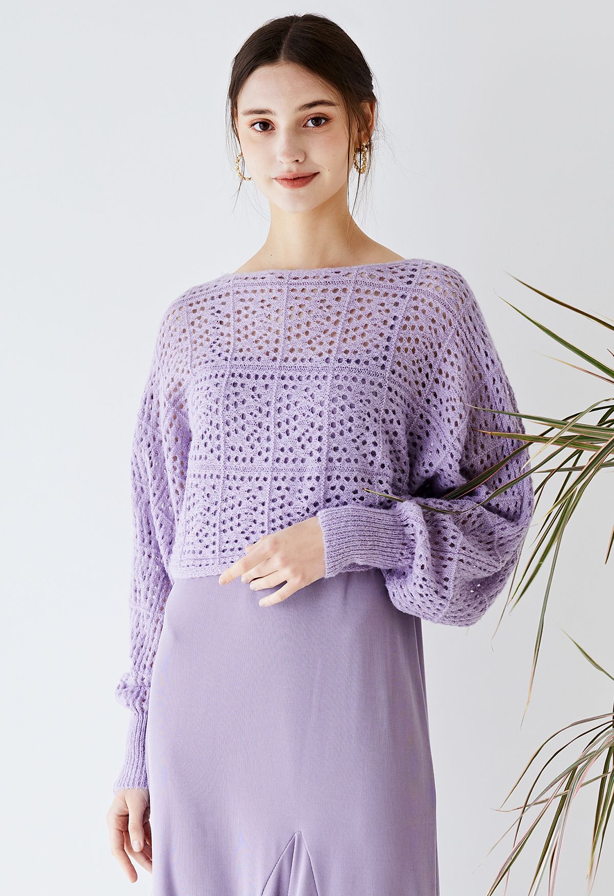 Batwing Sleeve Pointelle Knit Crop Top in Lilac