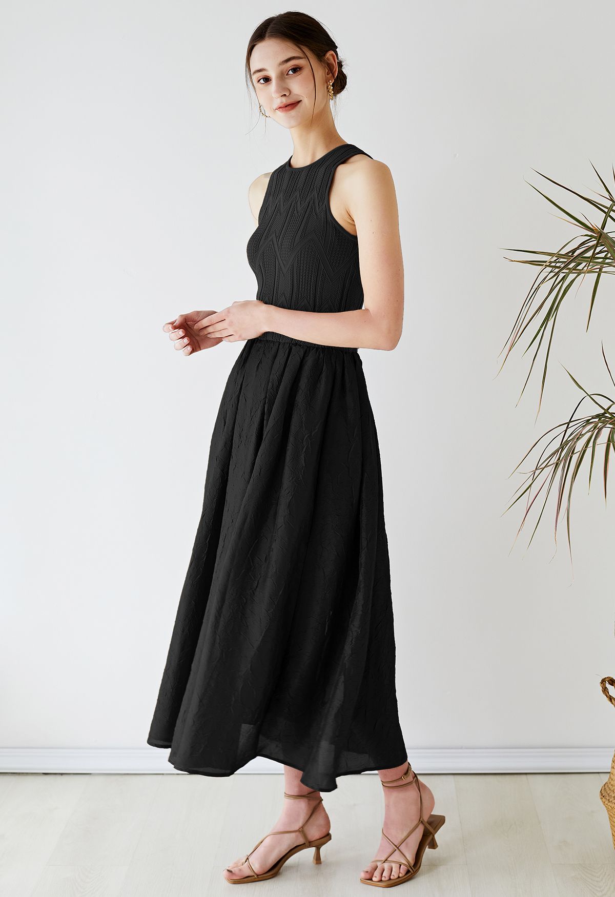 Knit Splicing Texture Sleeveless Dress in Black