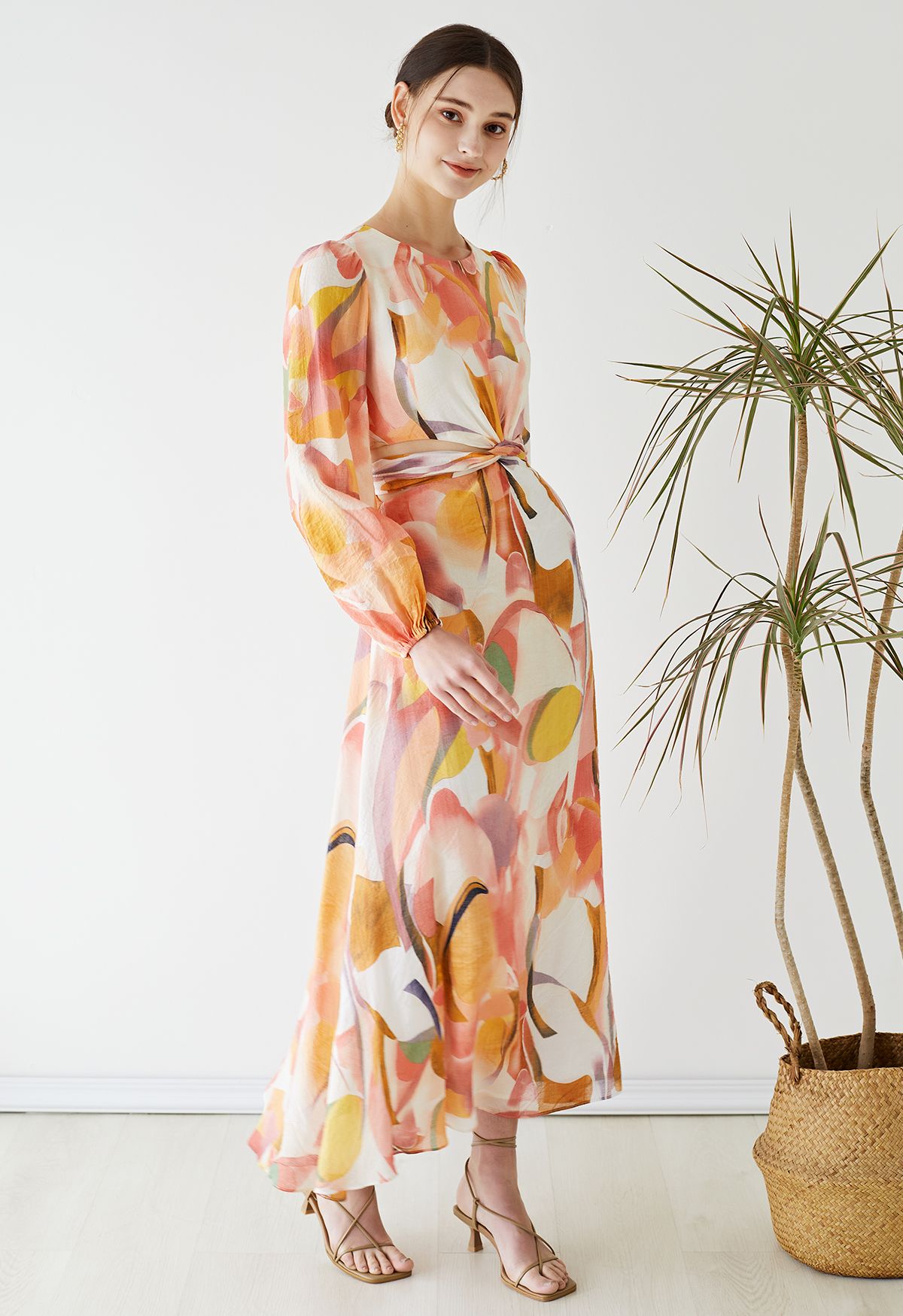 Color Patches Printed Cut Out Waist Maxi Dress
