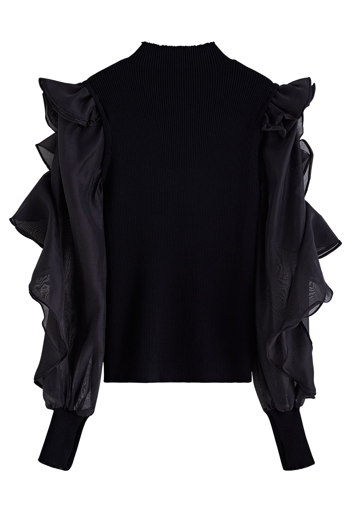 Tiered Ruffle Sleeves Spliced Knit Top in Black