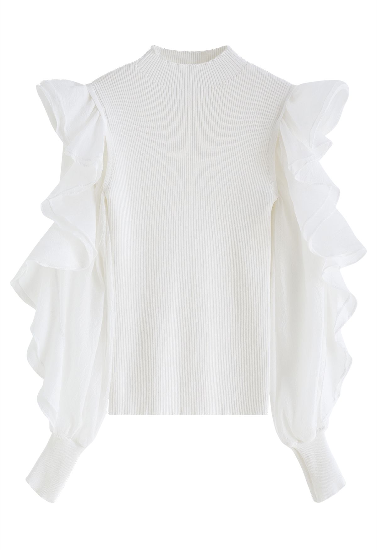 Tiered Ruffle Sleeves Spliced Knit Top in White - Retro, Indie and ...