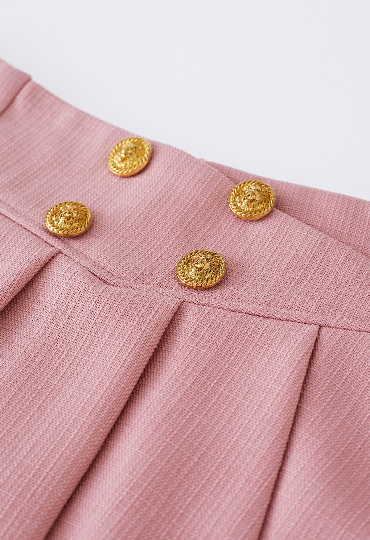Golden Button Pleated Flare Mini Skirt in Pink