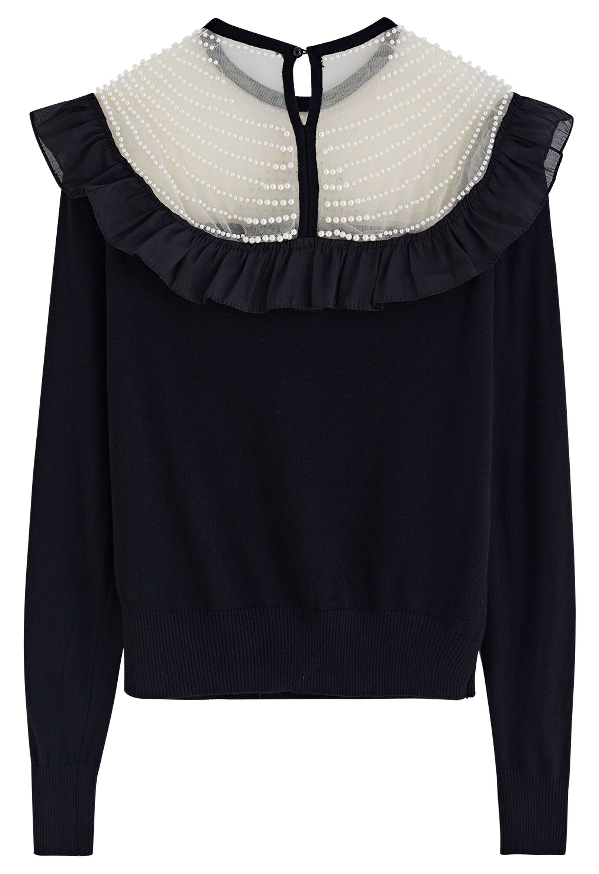 Pearly Neck Ruffle Knit Top in Black