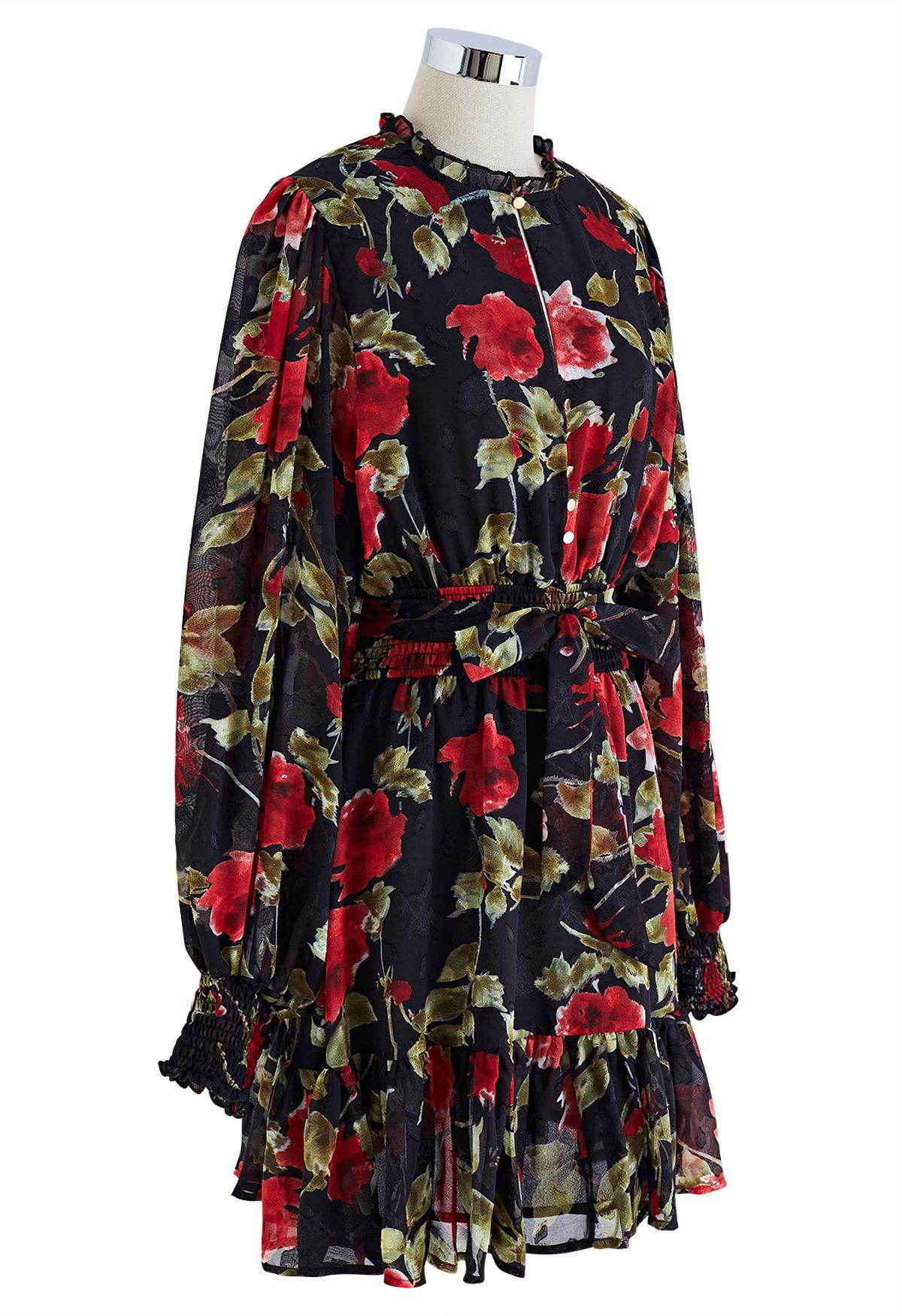 Floral Jacquard Ruffle Buttoned Chiffon Dress in Black