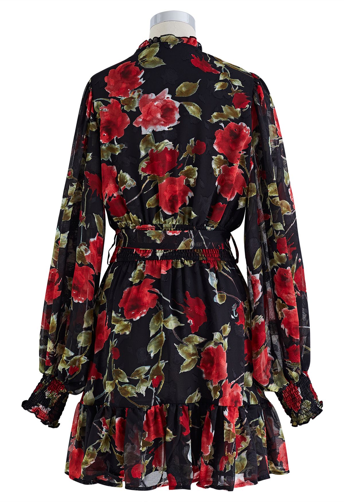Floral Jacquard Ruffle Buttoned Chiffon Dress in Black - Retro, Indie ...