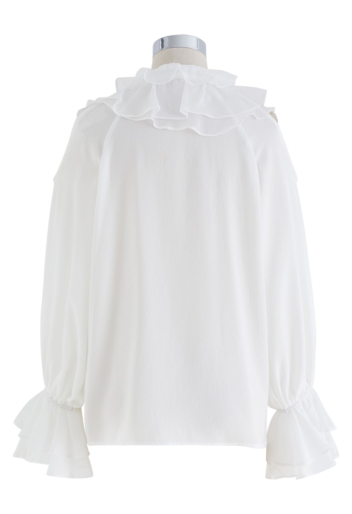Tiered Ruffle Cold-Shoulder Chiffon Top in White