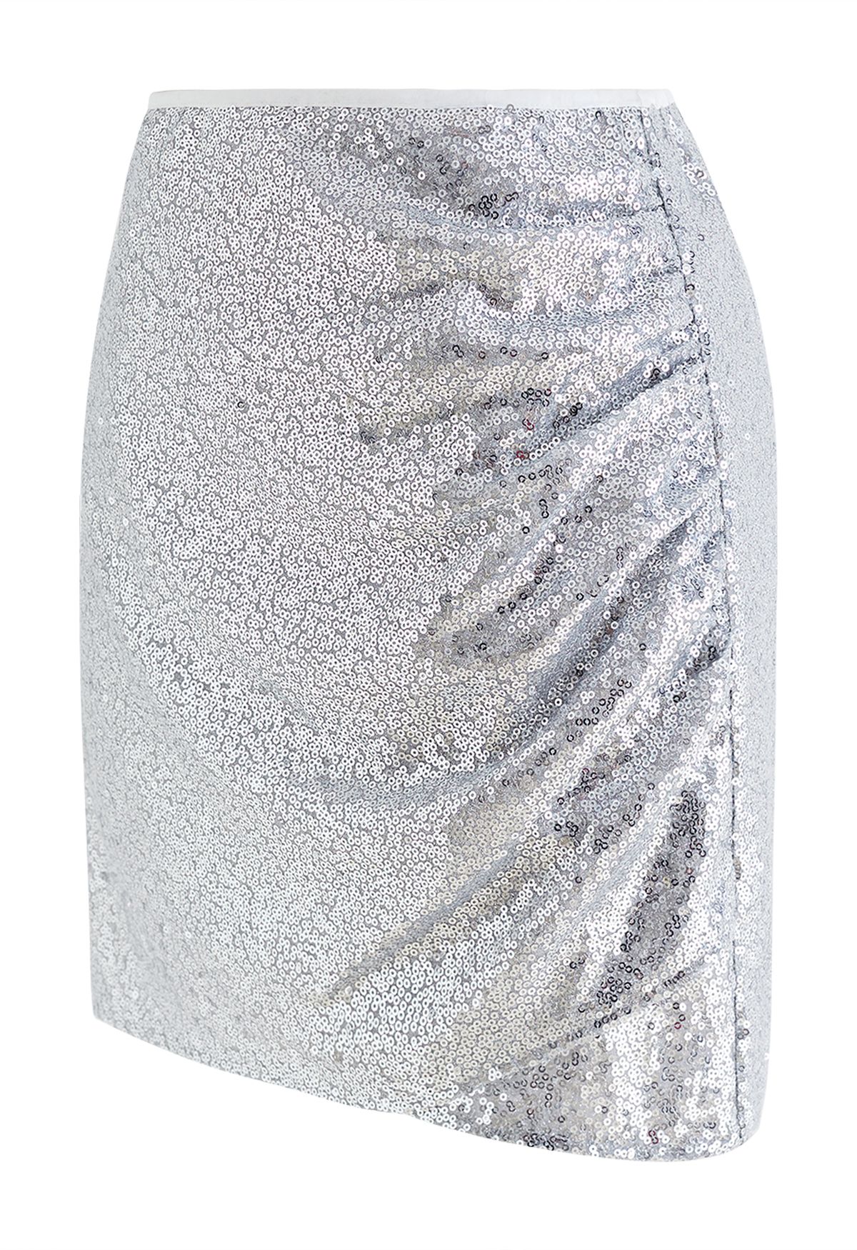 Sparkle Sequin Side Ruched Mini Bud Skirt in Silver
