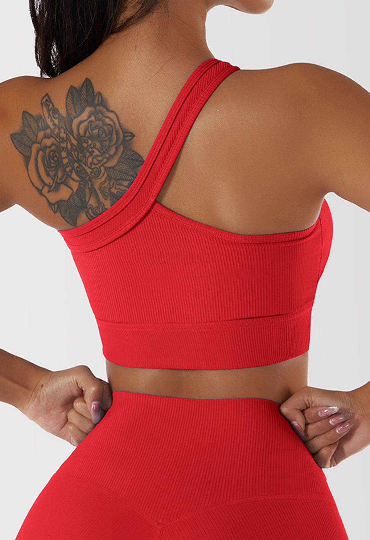 Slanted Halter Neck Ribbed Sports Bra in Red - Retro, Indie and