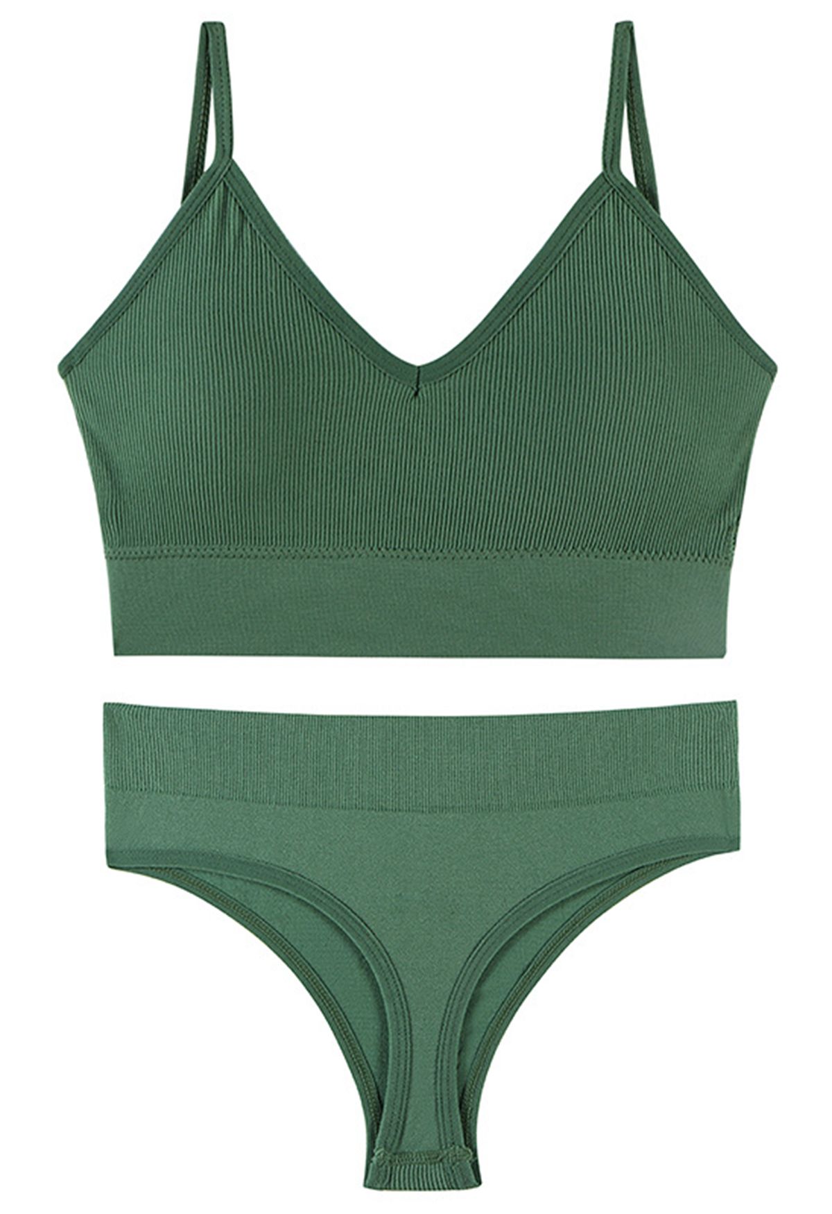 Plain Ribbed Lingerie Bra Top and Thong Set in Green - Retro