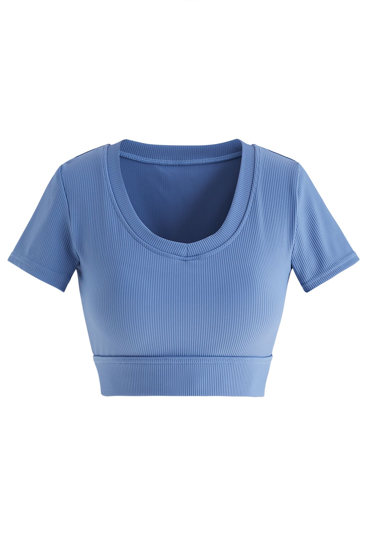 Crew Neck Ribbed Fitted Top in Blue - Retro, Indie and Unique Fashion