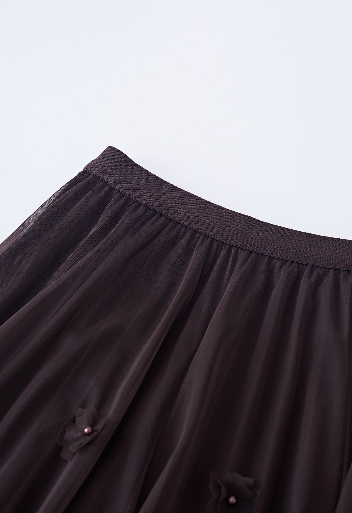 3D Flower Embellished Tulle Midi Skirt in Brown