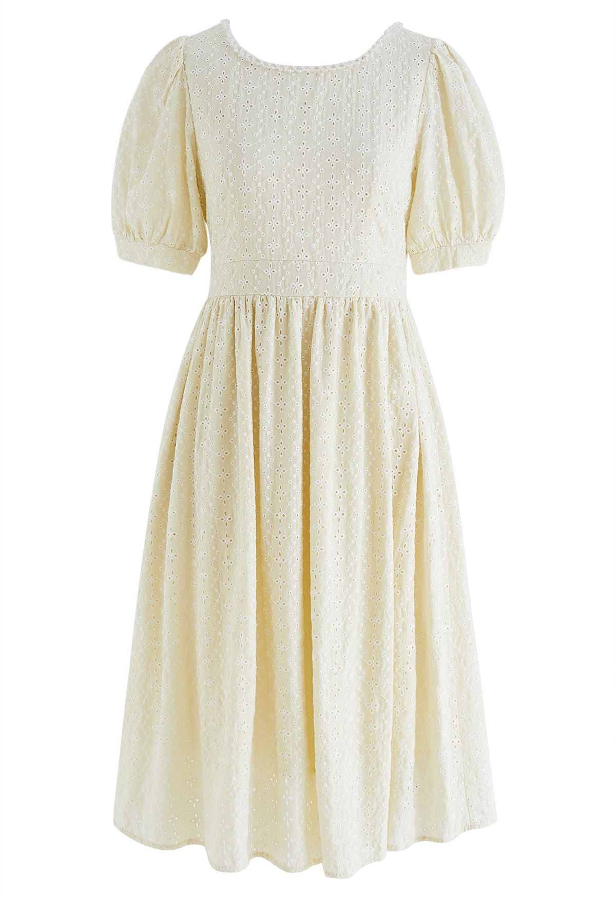 Floret Eyelet Bowknot Back Midi Dress in Light Yellow - Retro, Indie ...