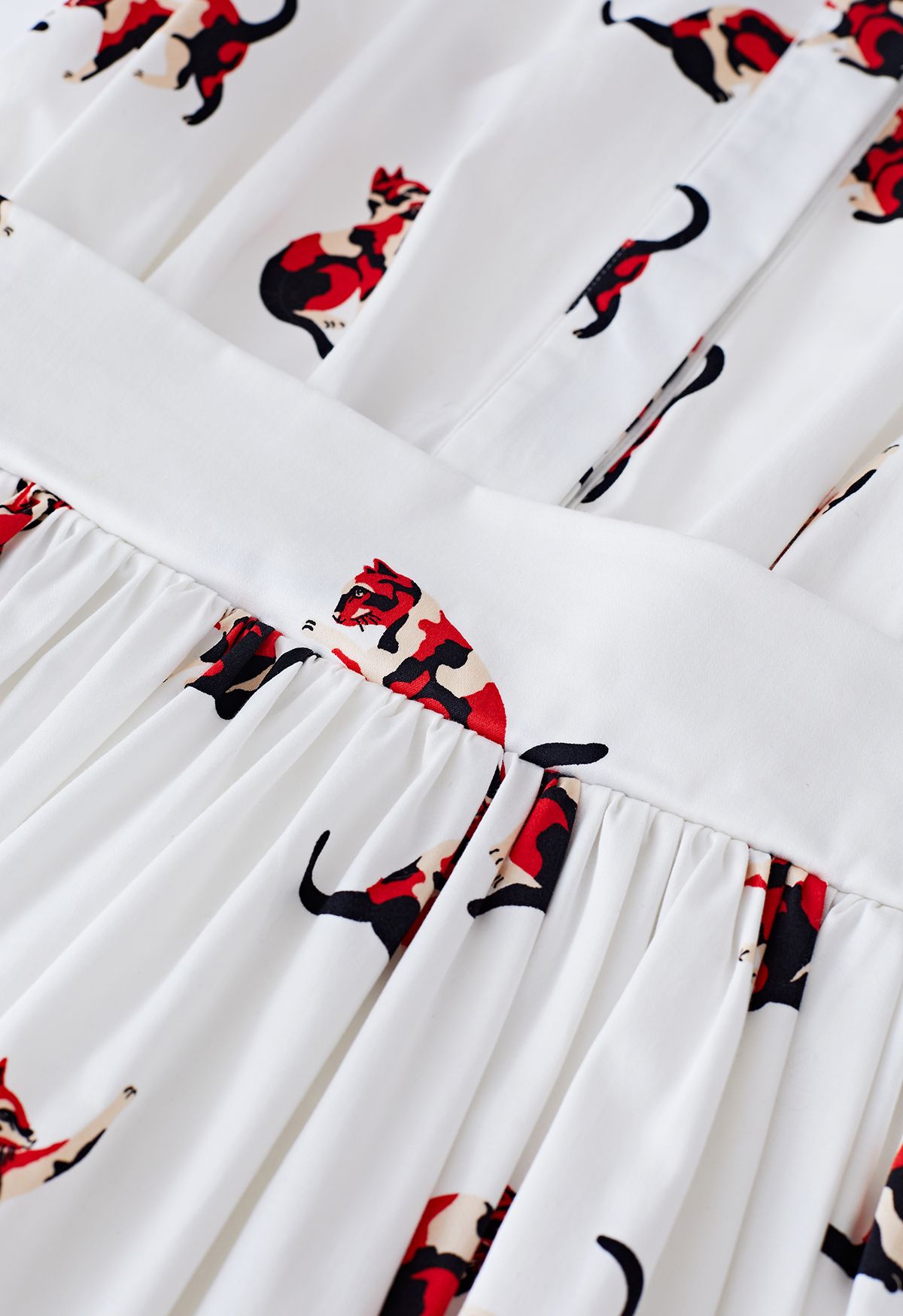 Cat Print Buttoned Tie-Waist Midi Dress
