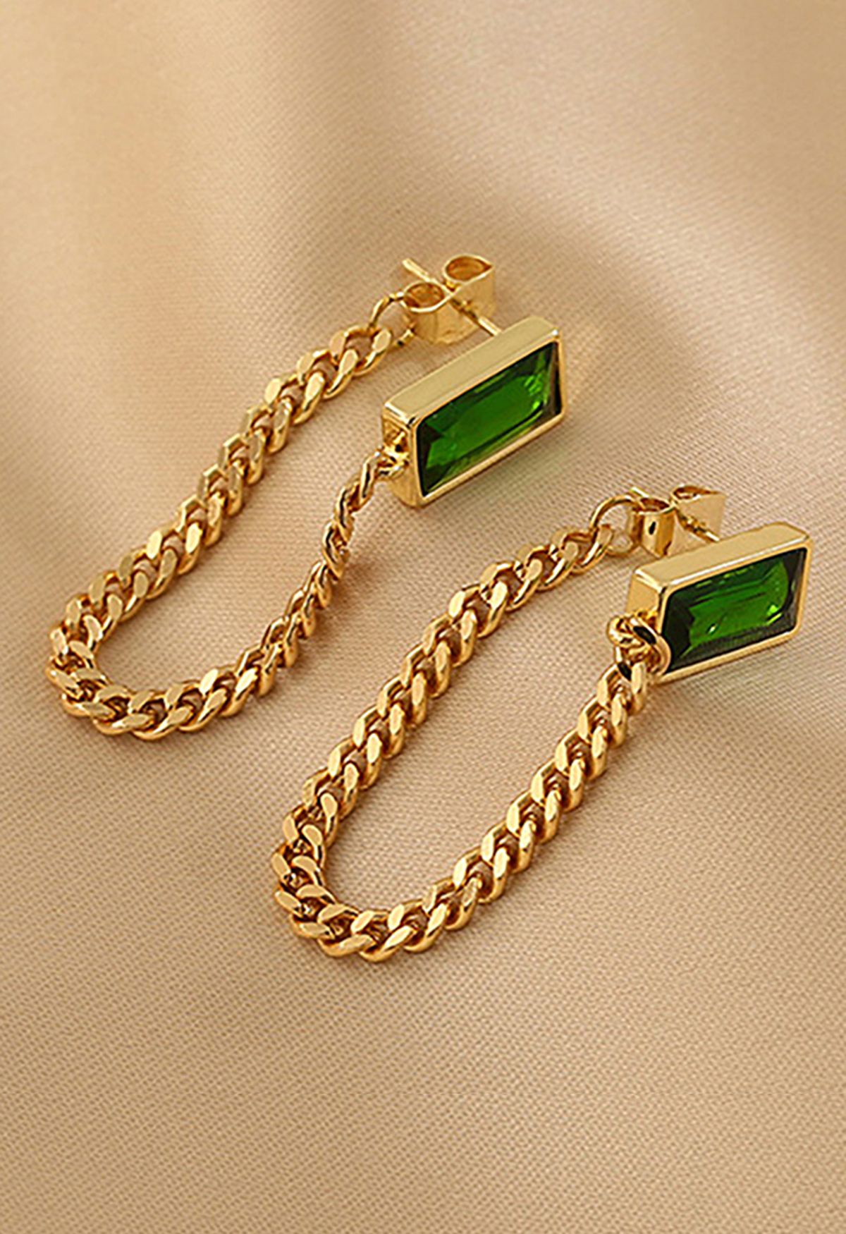 Emerald Cut Golden Chain Drop Earrings