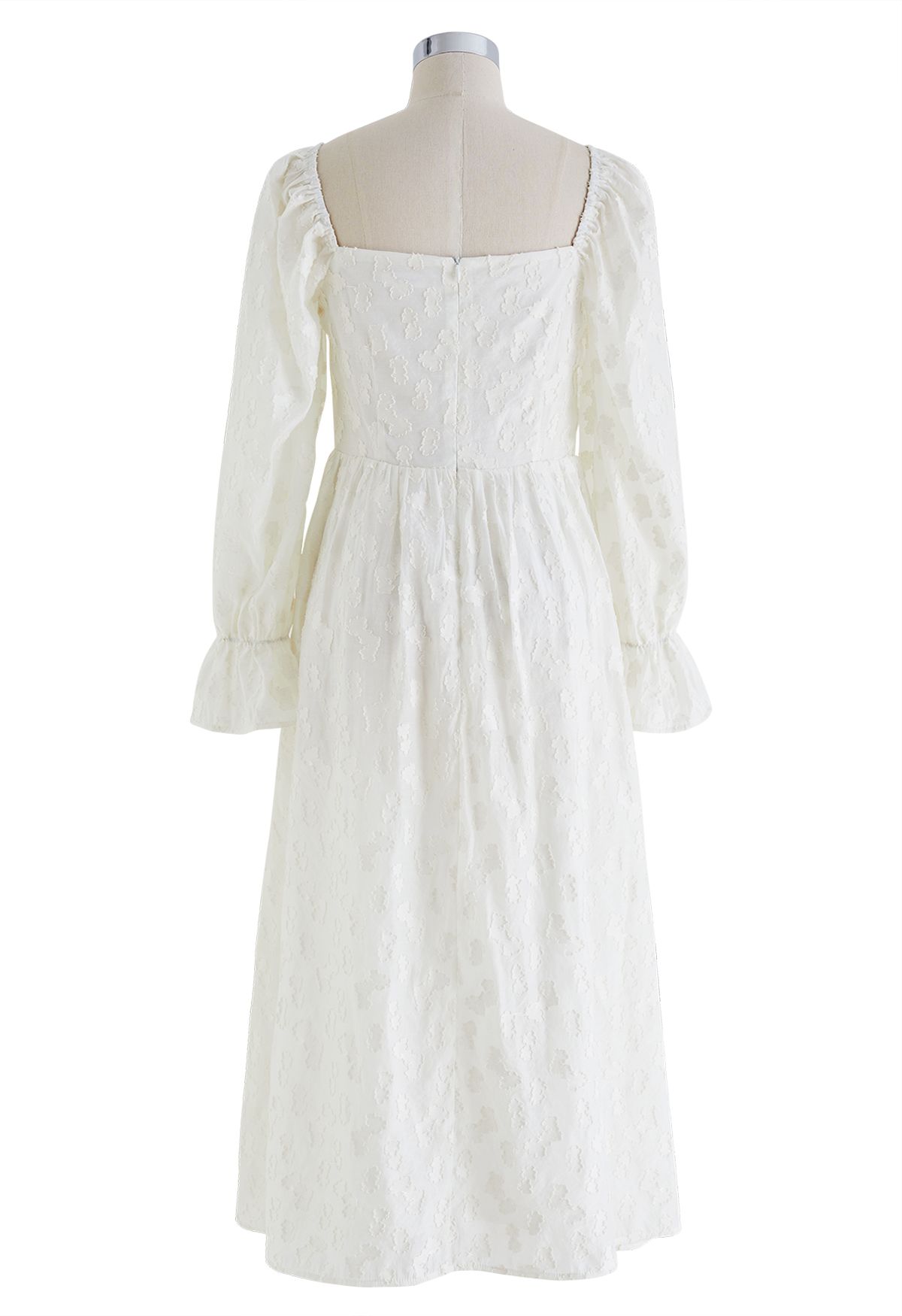Square Neck Cloud Jacquard Midi Dress in White