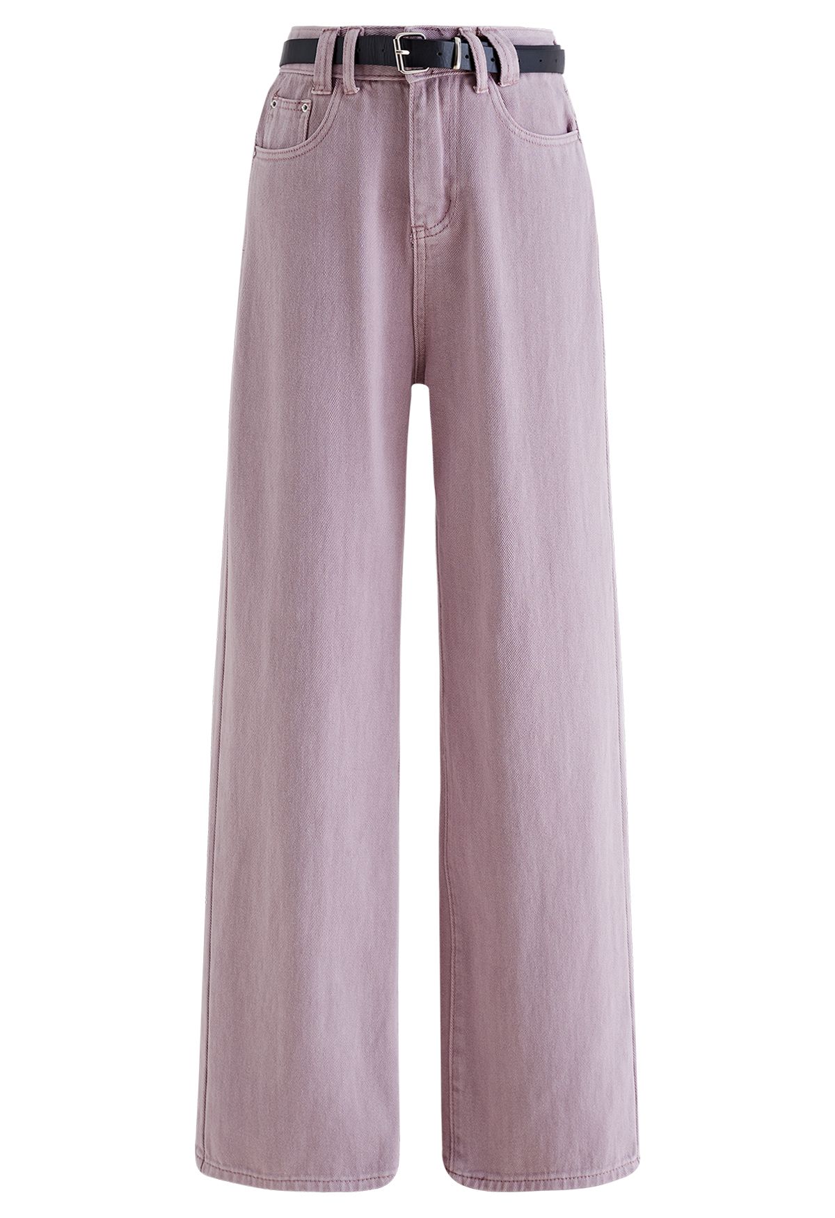 Distressed Straight-Leg Belted Jeans in Lilac