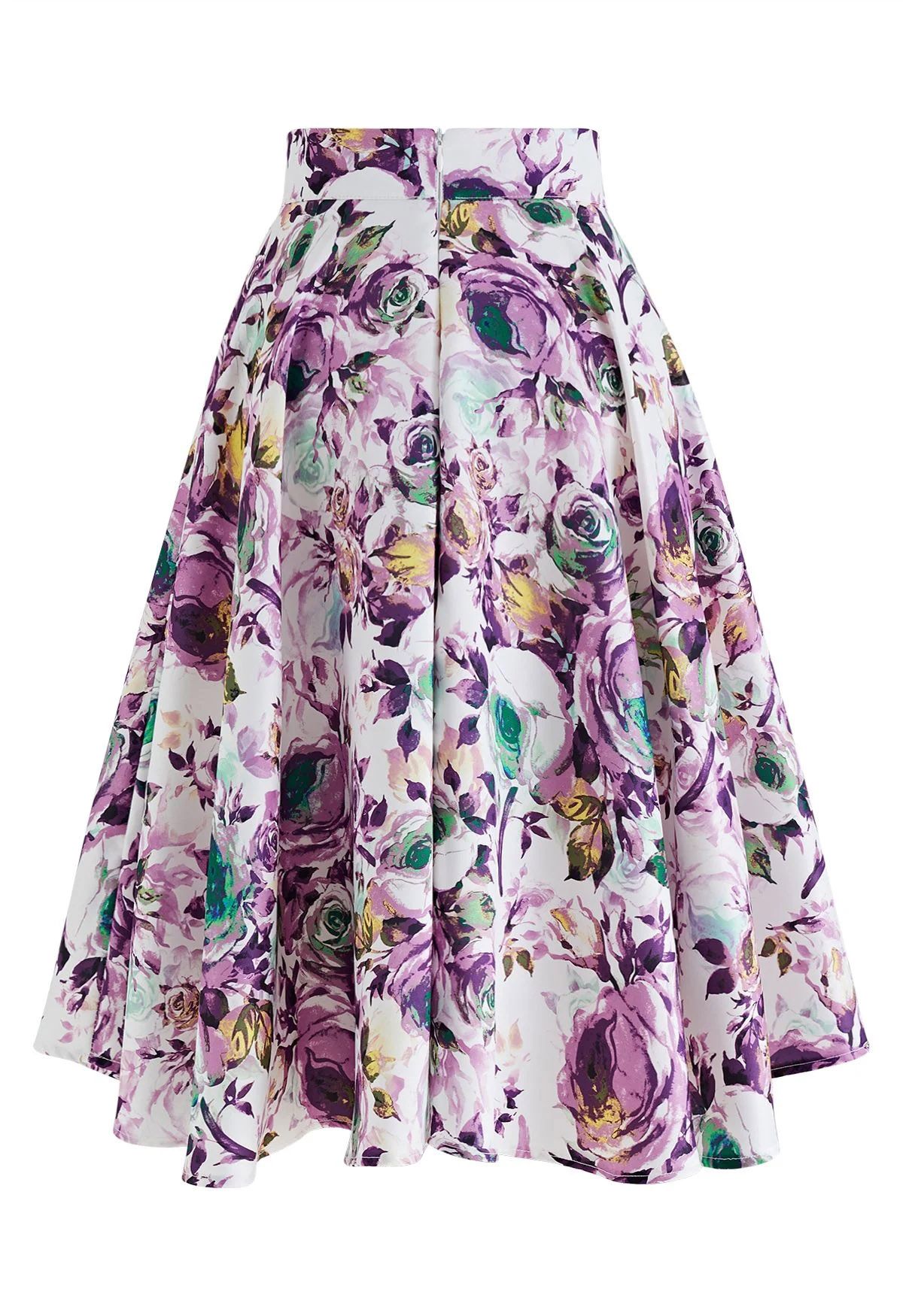Watercolor Rose Flare Midi Skirt in Purple